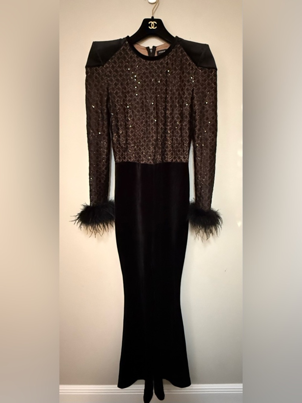 Nadine Merabi Mixed Media Black Monique Velvet Sequin Glitter Feather Jumpsuit - Picture 4 of 9